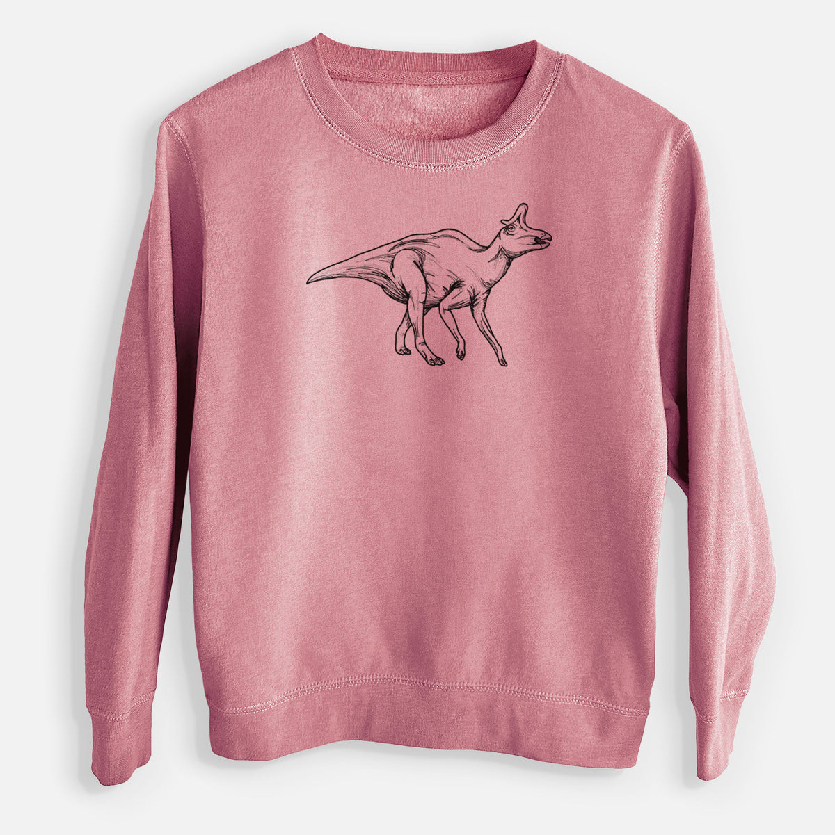 Mauve pink youth crewneck sweatshirt laid flat, printed with a black ink illustration of a crested Lambeosaurus walking.