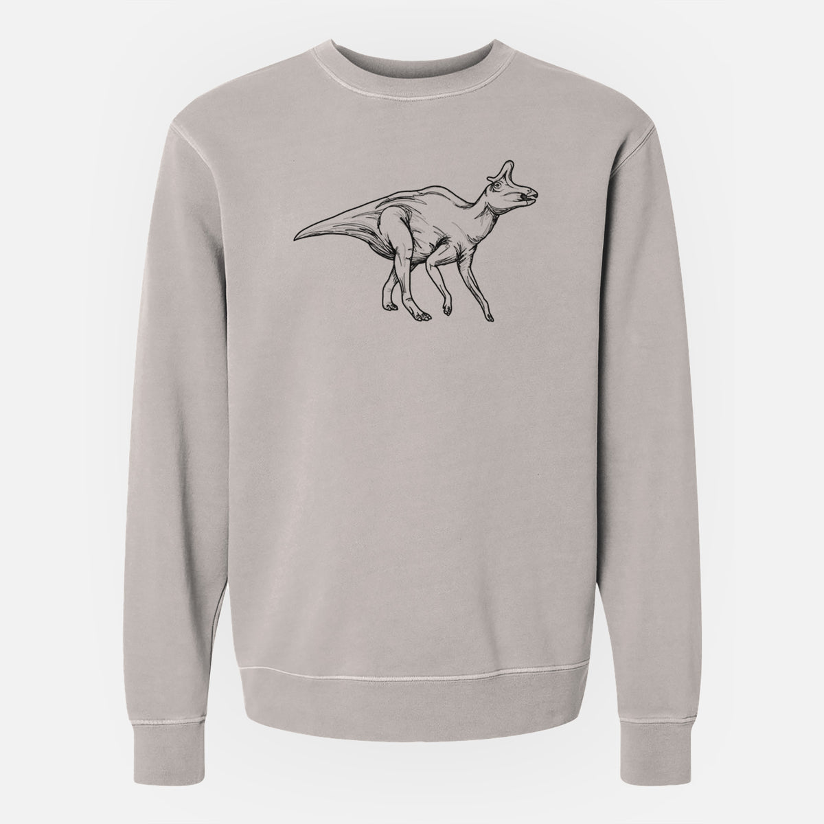 Cement grey pigment dyed crewneck sweatshirt laid flat, printed with a black ink illustration of a crested Lambeosaurus walking.