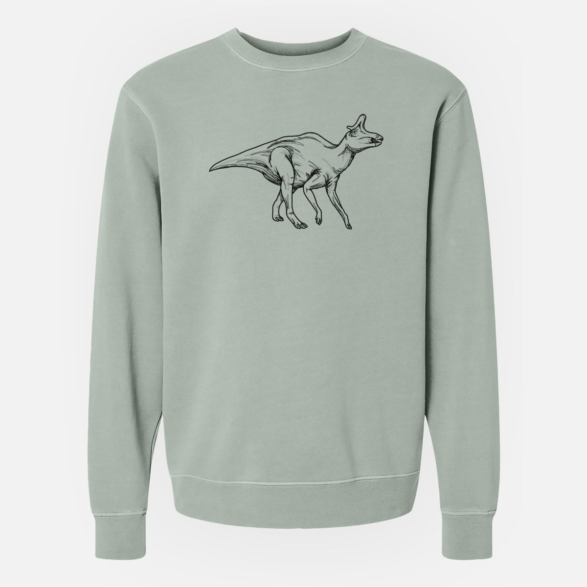 Sage green pigment dyed crewneck sweatshirt laid flat, printed with a black ink illustration of a crested Lambeosaurus walking.