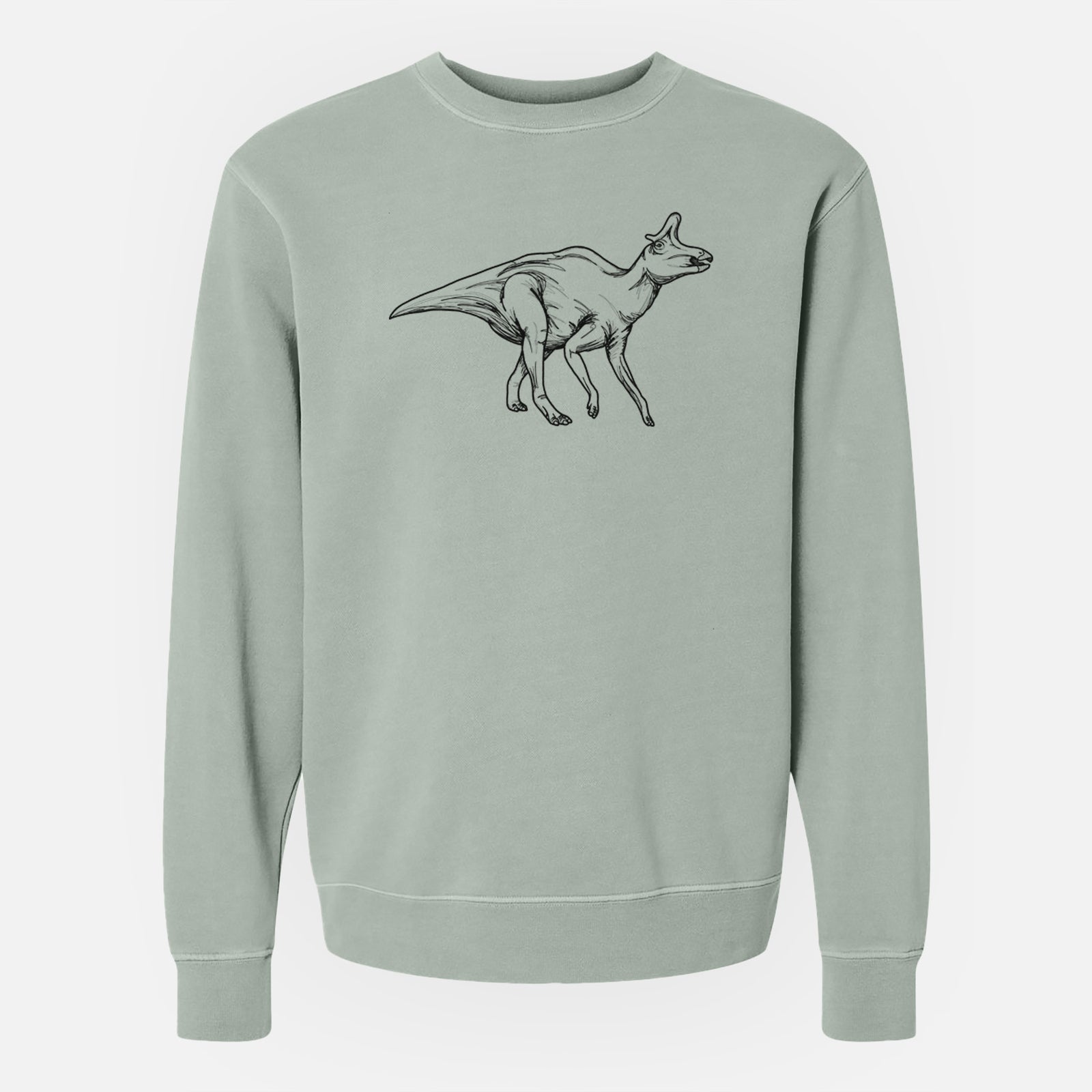 Sage green pigment dyed crewneck sweatshirt laid flat, printed with a black ink illustration of a crested Lambeosaurus walking.