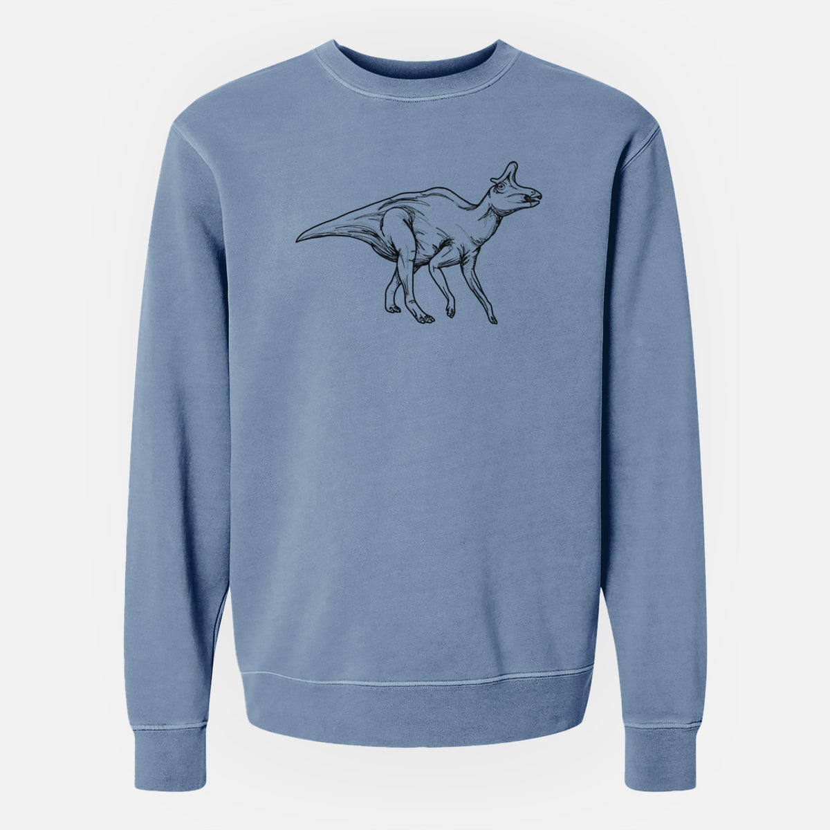 Slate blue pigment dyed crewneck sweatshirt laid flat, printed with a black ink illustration of a crested Lambeosaurus walking.