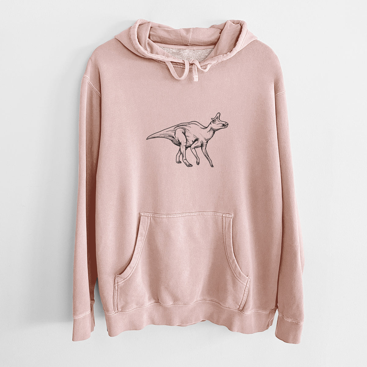 Dusty pink pigment dyed hoodie laid flat, printed with a black ink illustration of a crested Lambeosaurus walking.