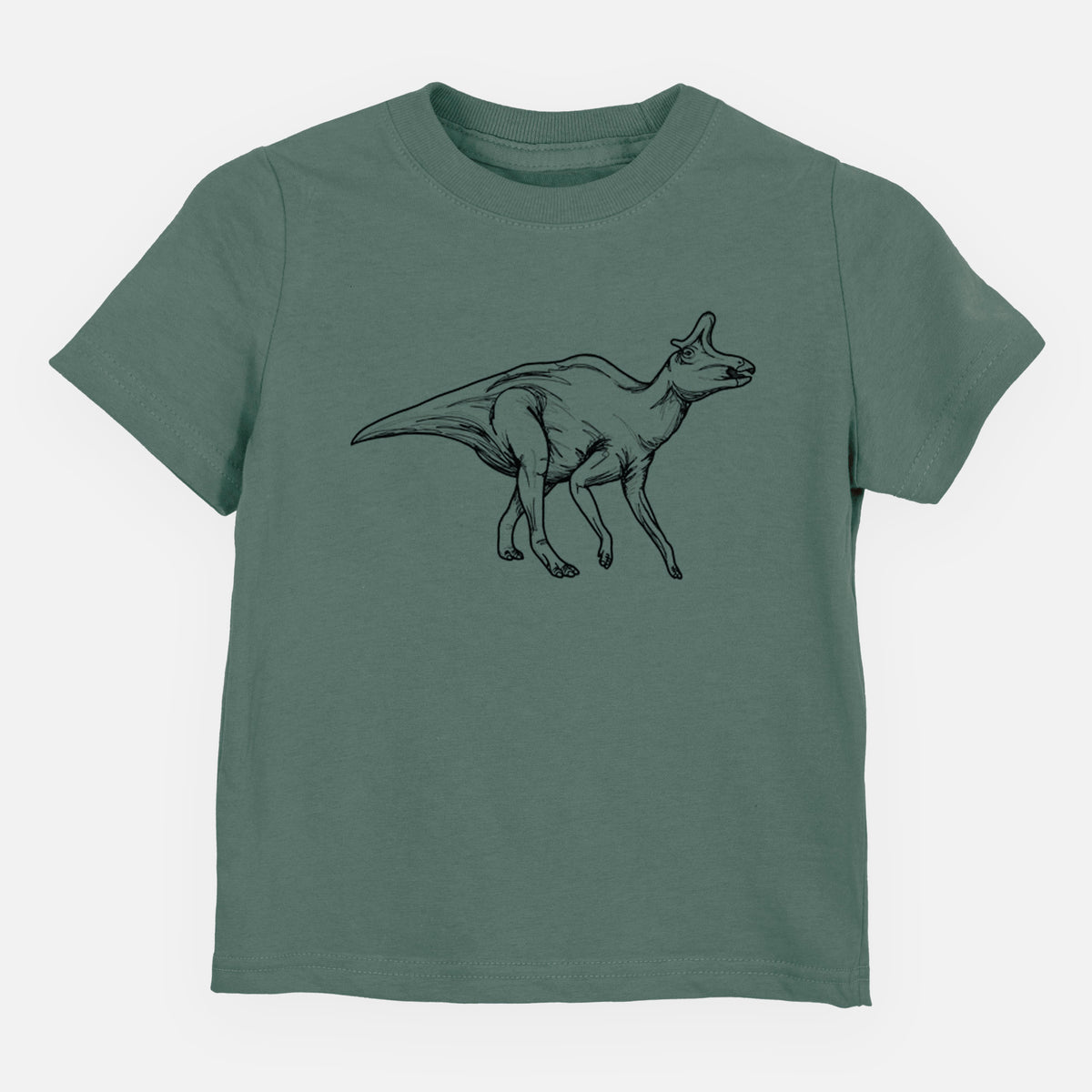 Basil green toddler t-shirt laid flat, printed with a black ink illustration of a crested Lambeosaurus walking.