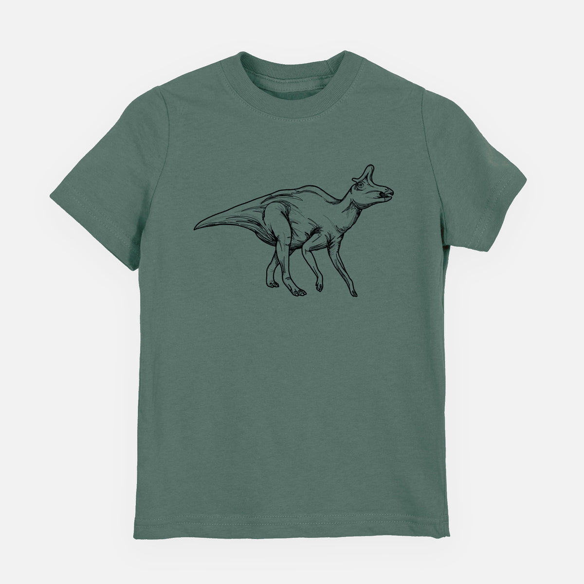 Basil green youth t-shirt laid flat, printed with a black ink illustration of a crested Lambeosaurus walking.