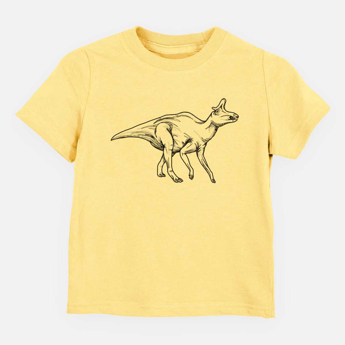 Butter yellow toddler t-shirt laid flat, printed with a black ink illustration of a crested Lambeosaurus walking.