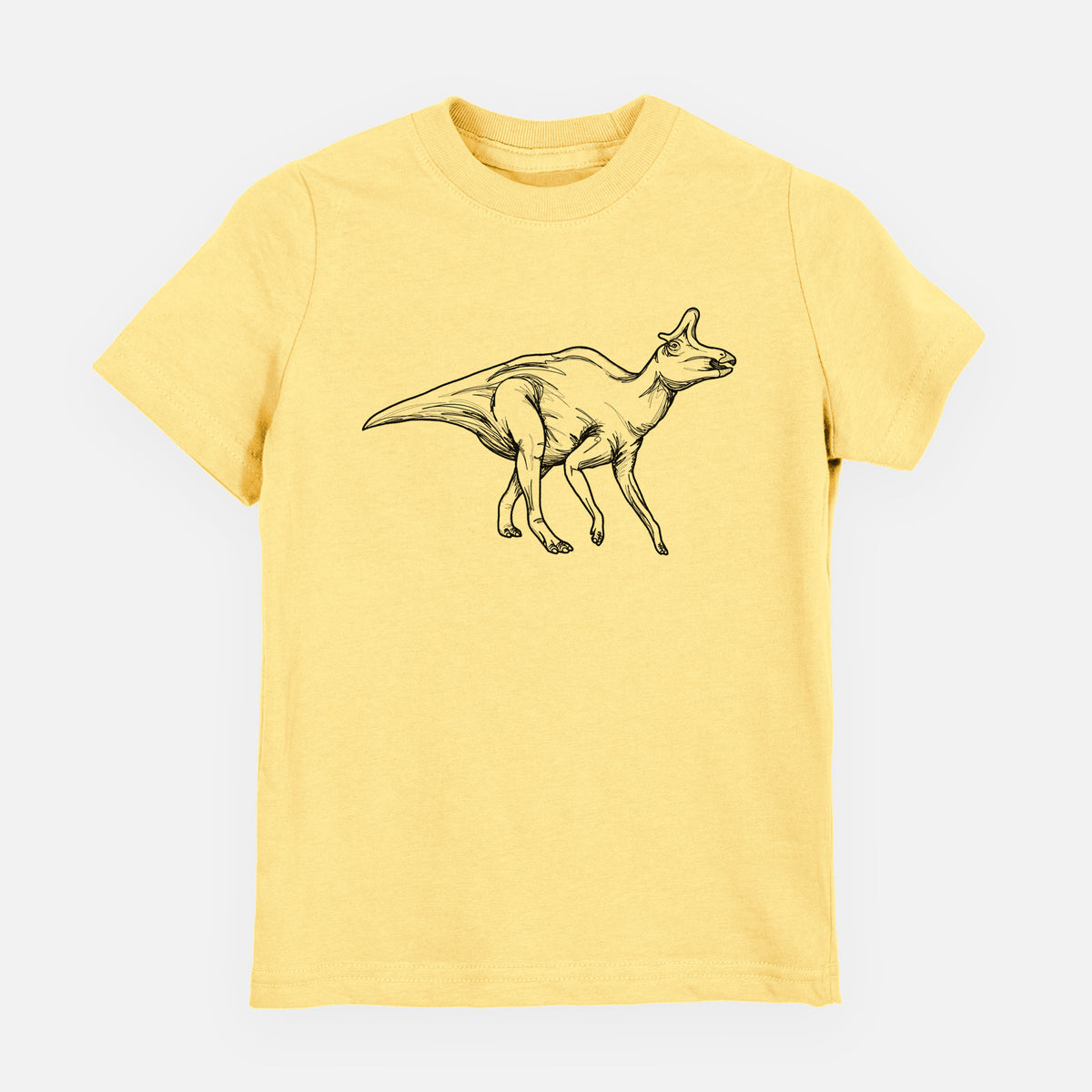 Butter yellow youth t-shirt laid flat, printed with a black ink illustration of a crested Lambeosaurus walking.