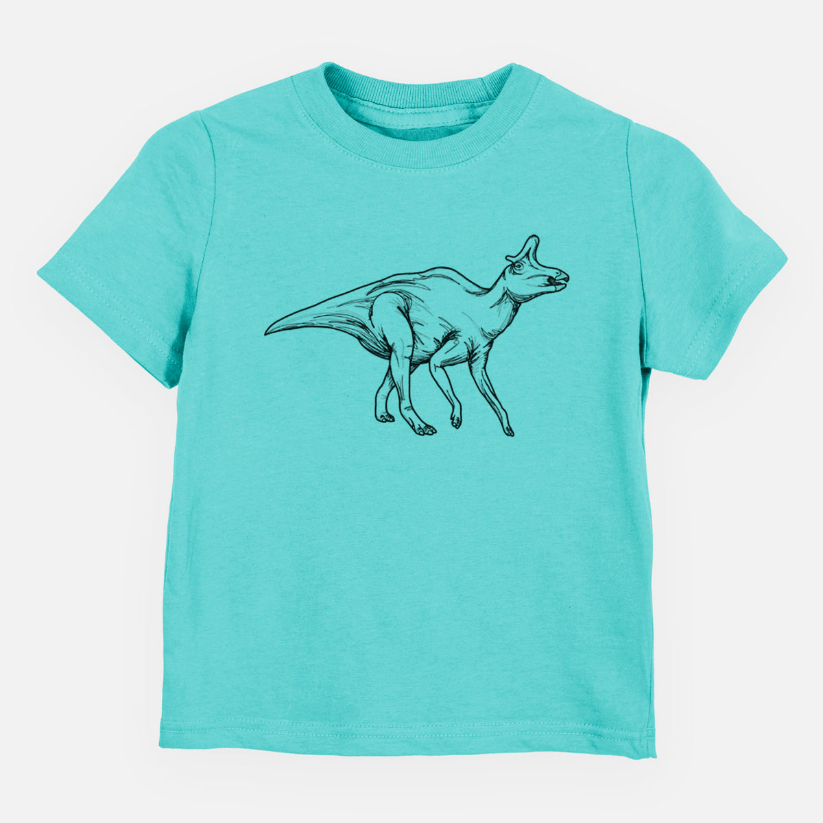 Caribbean blue toddler t-shirt laid flat, printed with a black ink illustration of a crested Lambeosaurus walking.