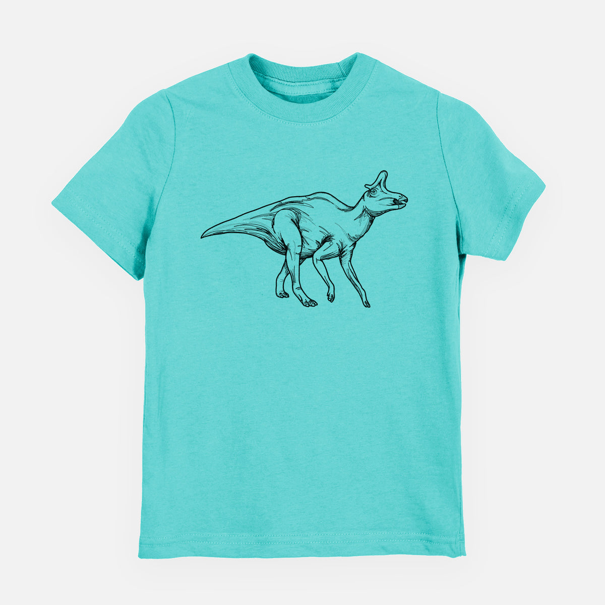 Caribbean blue youth t-shirt laid flat, printed with a black ink illustration of a crested Lambeosaurus walking.