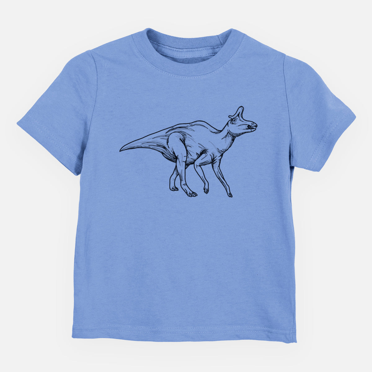 Carolina blue toddler t-shirt laid flat, printed with a black ink illustration of a crested Lambeosaurus walking.