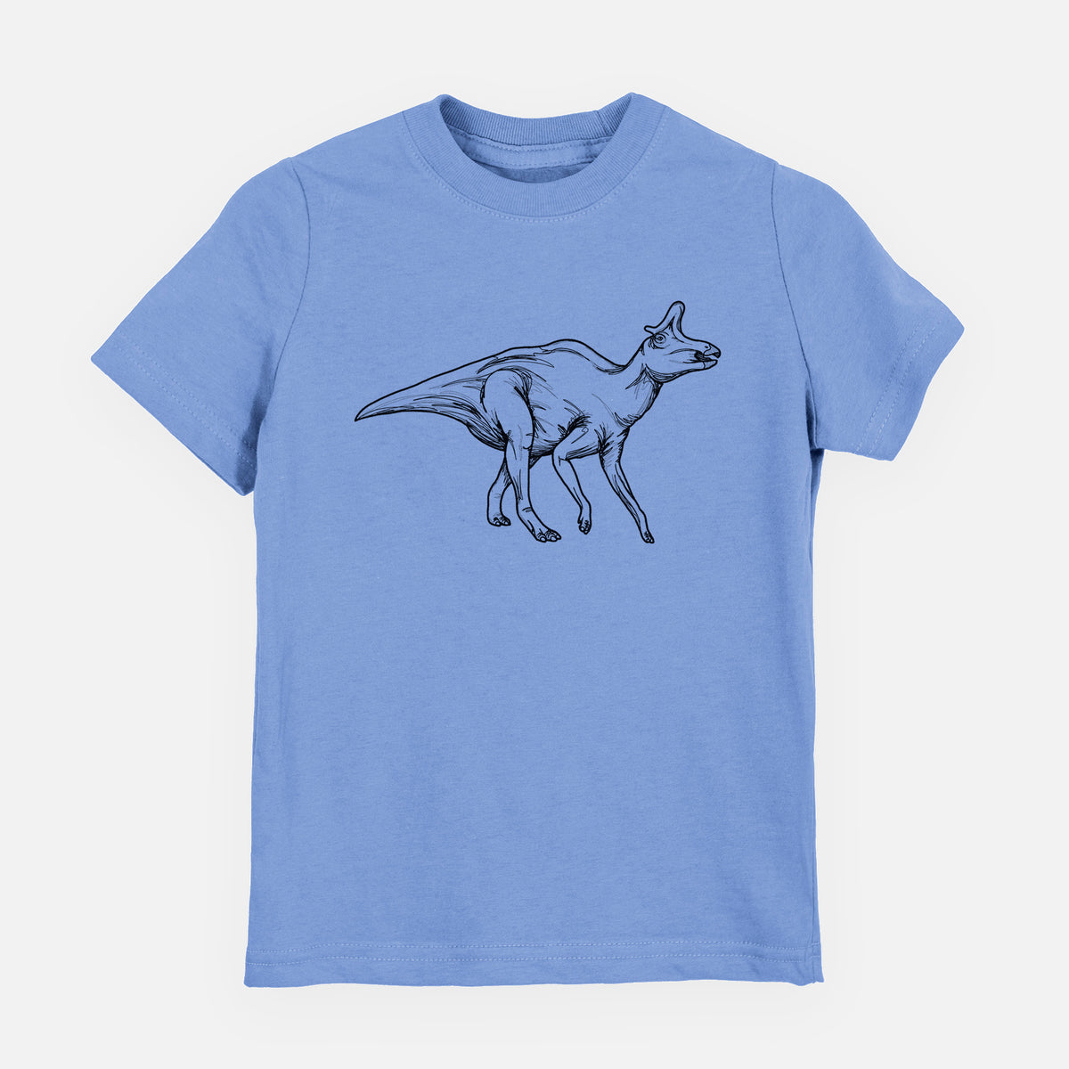 Carolina blue youth t-shirt laid flat, printed with a black ink illustration of a crested Lambeosaurus walking.