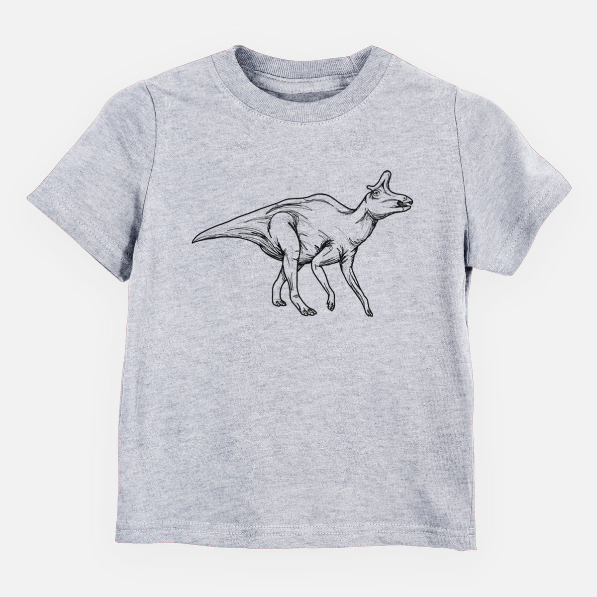 Heather grey toddler t-shirt laid flat, printed with a black ink illustration of a crested Lambeosaurus walking.
