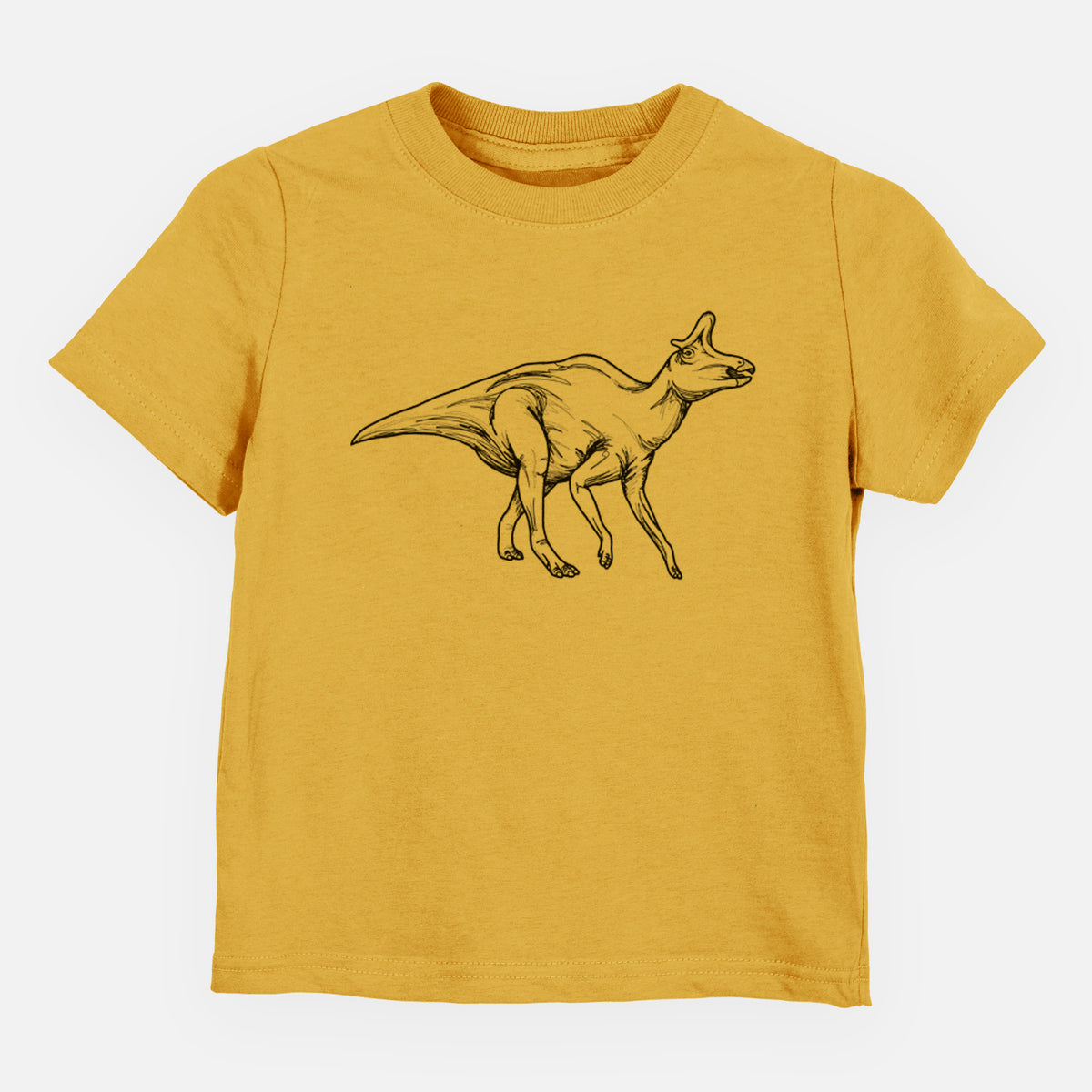 Honeycomb yellow toddler t-shirt laid flat, printed with a black ink illustration of a crested Lambeosaurus walking.