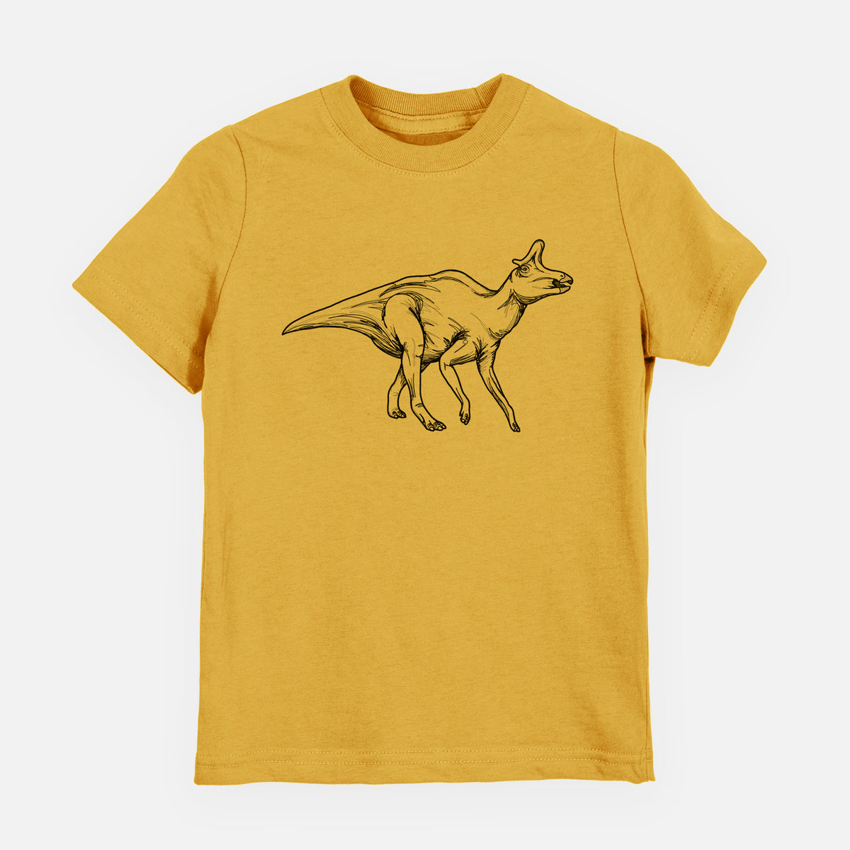 Honeycomb yellow youth t-shirt laid flat, printed with a black ink illustration of a crested Lambeosaurus walking.