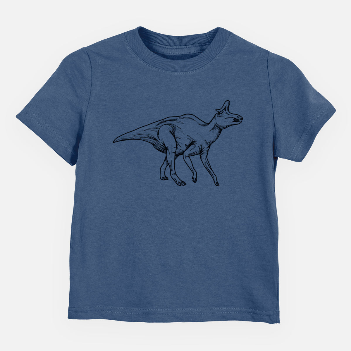 Indigo blue toddler t-shirt laid flat, printed with a black ink illustration of a crested Lambeosaurus walking.