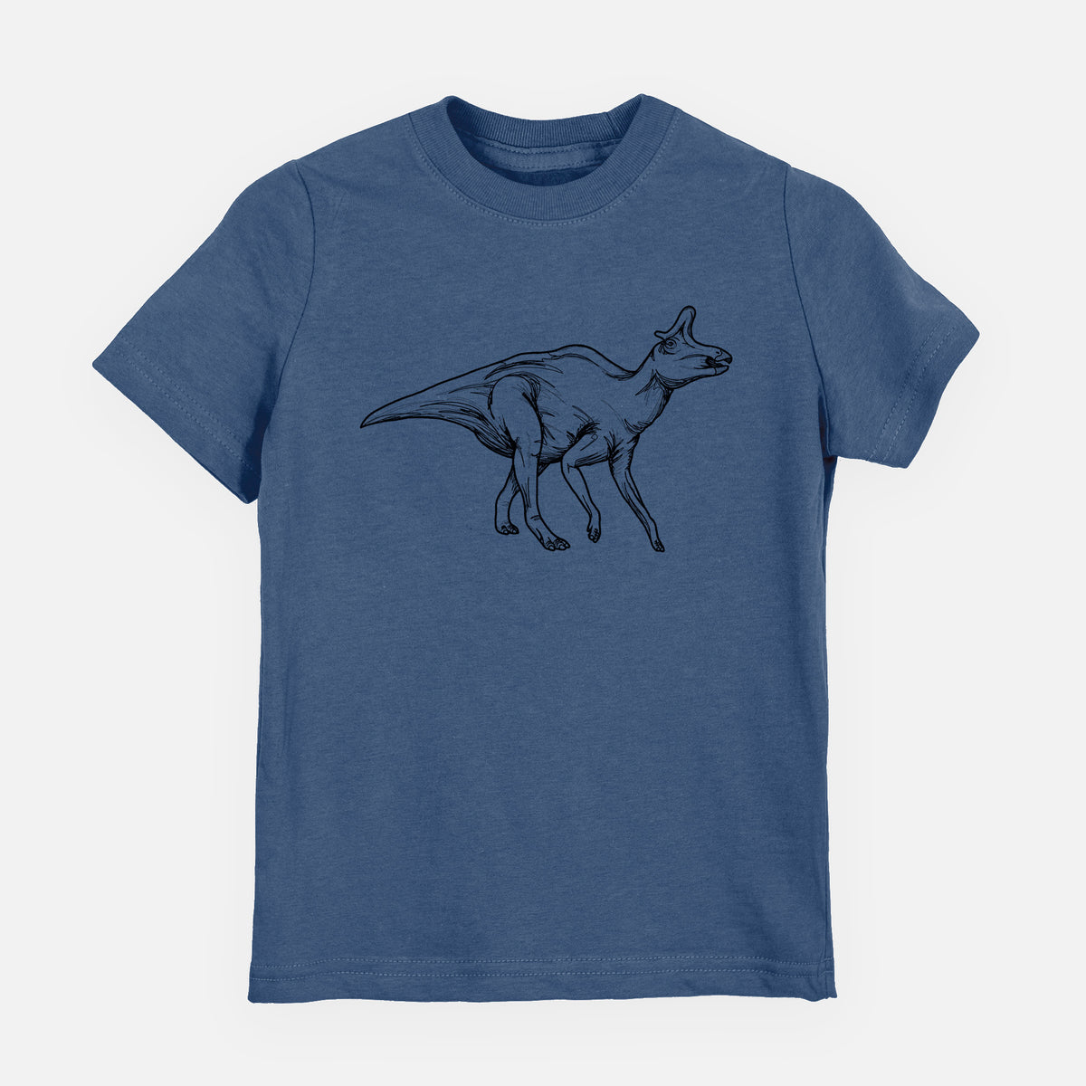 Indigo blue youth t-shirt laid flat, printed with a black ink illustration of a crested Lambeosaurus walking.