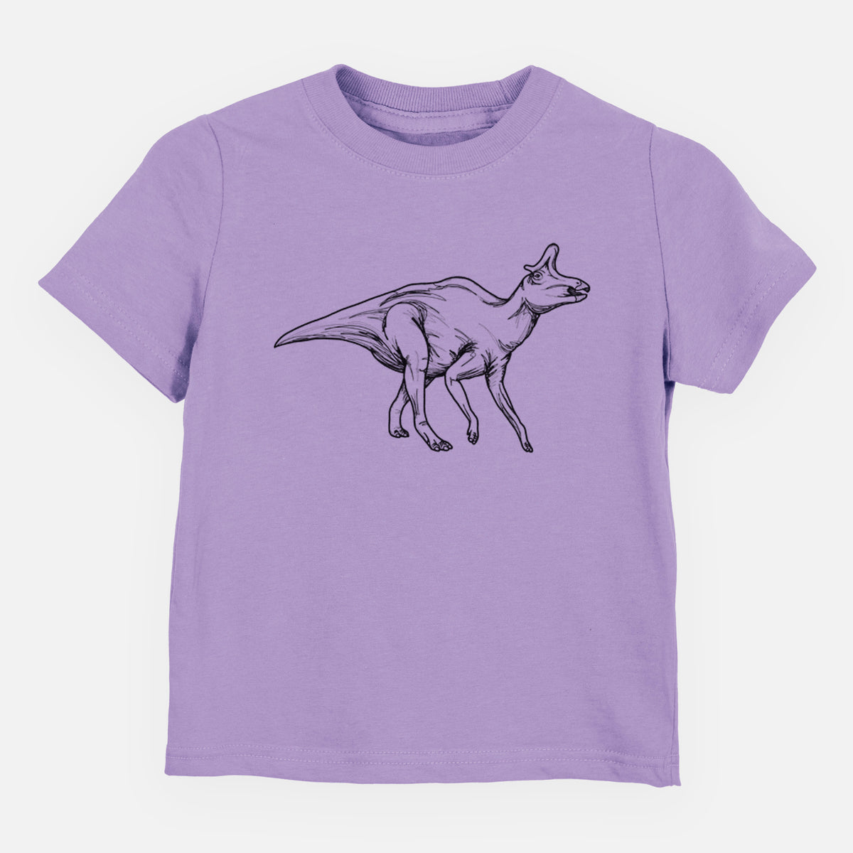 Lavender toddler t-shirt laid flat, printed with a black ink illustration of a crested Lambeosaurus walking.