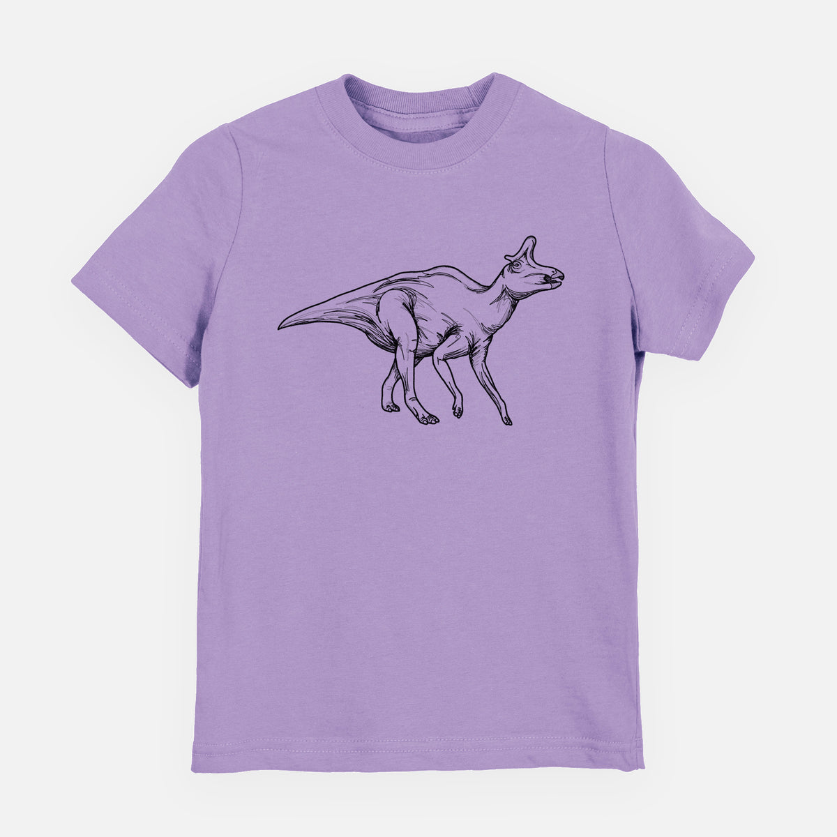 Lavender youth t-shirt laid flat, printed with a black ink illustration of a crested Lambeosaurus walking.