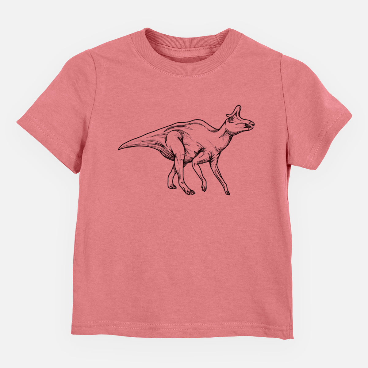 Mauve pink toddler t-shirt laid flat, printed with a black ink illustration of a crested Lambeosaurus walking.