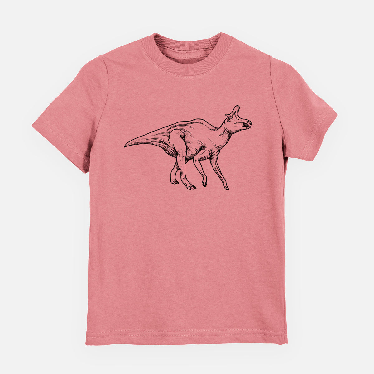 Mauve pink youth t-shirt laid flat, printed with a black ink illustration of a crested Lambeosaurus walking.