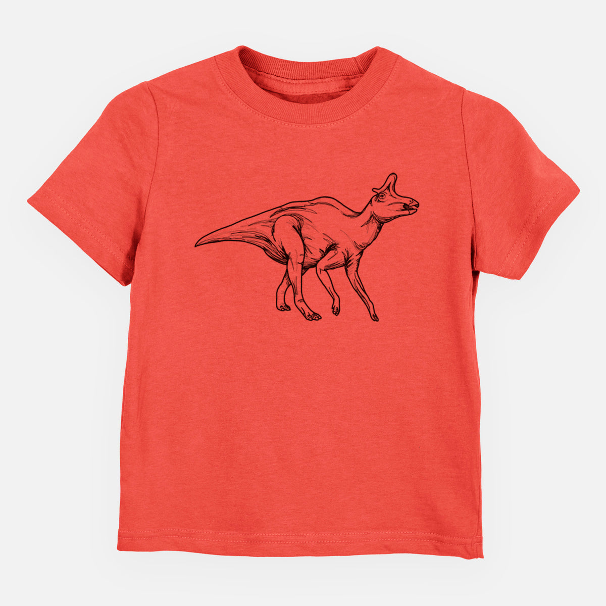 Passionfruit pink toddler t-shirt laid flat, printed with a black ink illustration of a crested Lambeosaurus walking.