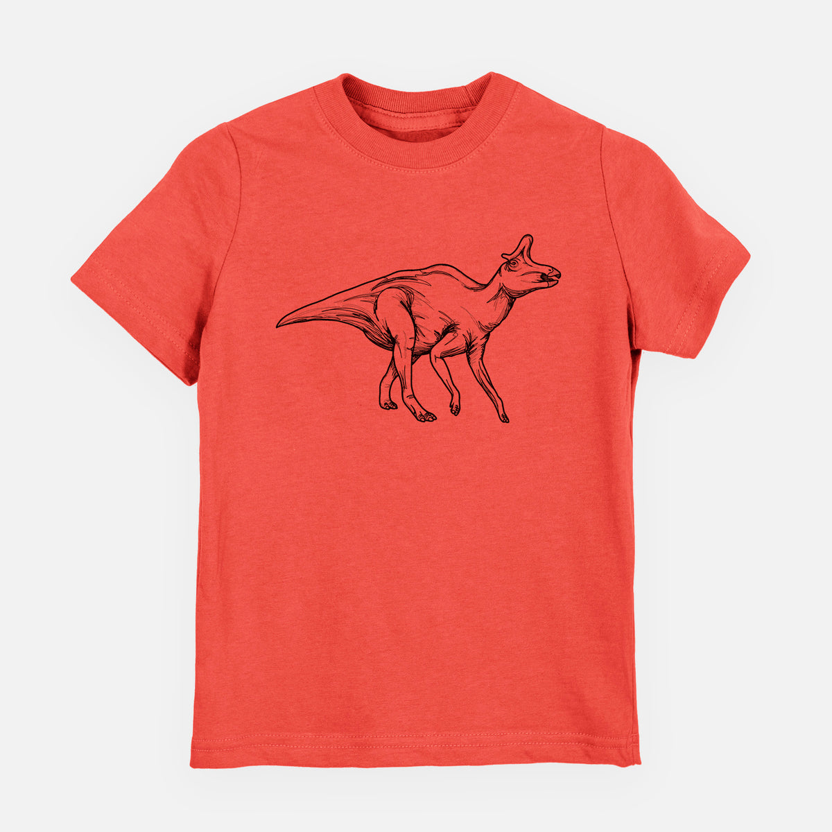 Passionfruit pink youth t-shirt laid flat, printed with a black ink illustration of a crested Lambeosaurus walking.
