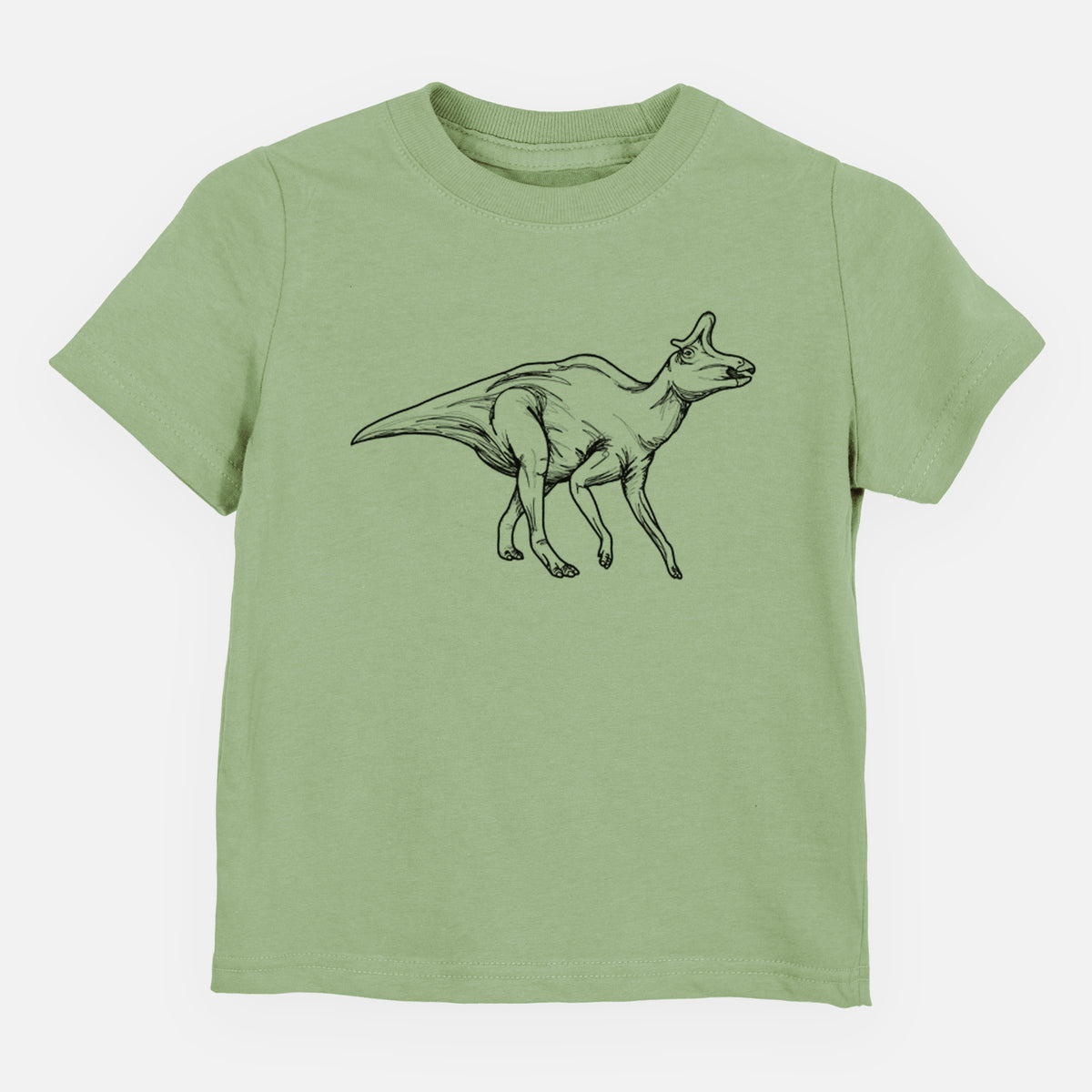 Sage green toddler t-shirt laid flat, printed with a black ink illustration of a crested Lambeosaurus walking.
