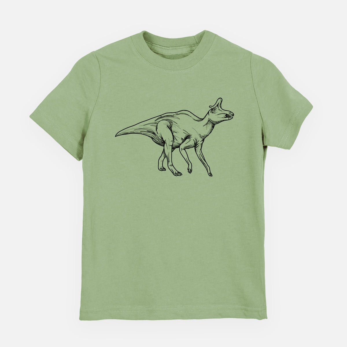 Sage green youth t-shirt laid flat, printed with a black ink illustration of a crested Lambeosaurus walking.