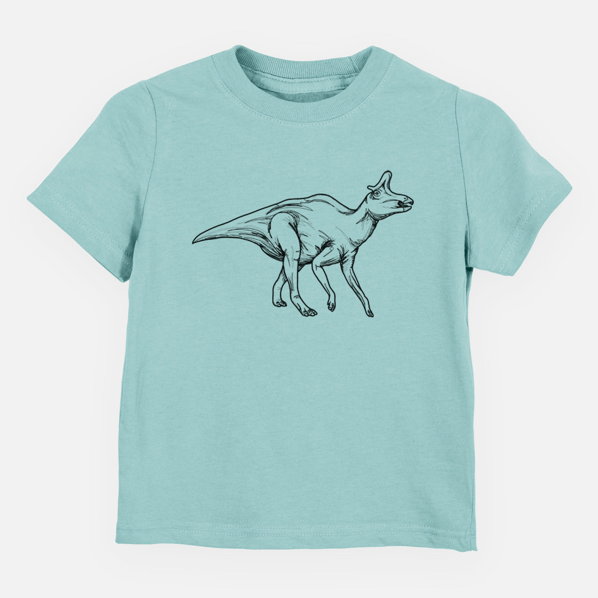 Saltwater toddler t-shirt laid flat, printed with a black ink illustration of a crested Lambeosaurus walking.