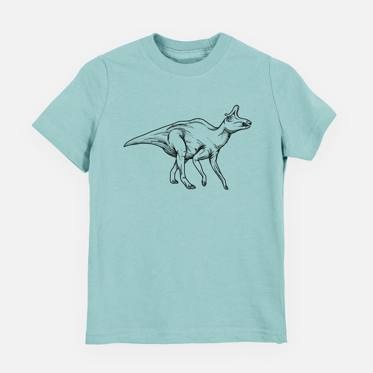 Saltwater youth t-shirt laid flat, printed with a black ink illustration of a crested Lambeosaurus walking.