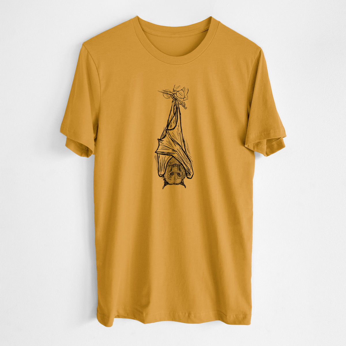 Honeycomb yellow lightweight cotton t-shirt laid flat, printed with a black ink illustration of a large flying fox bat hanging upside down with its wings wrapped around it.