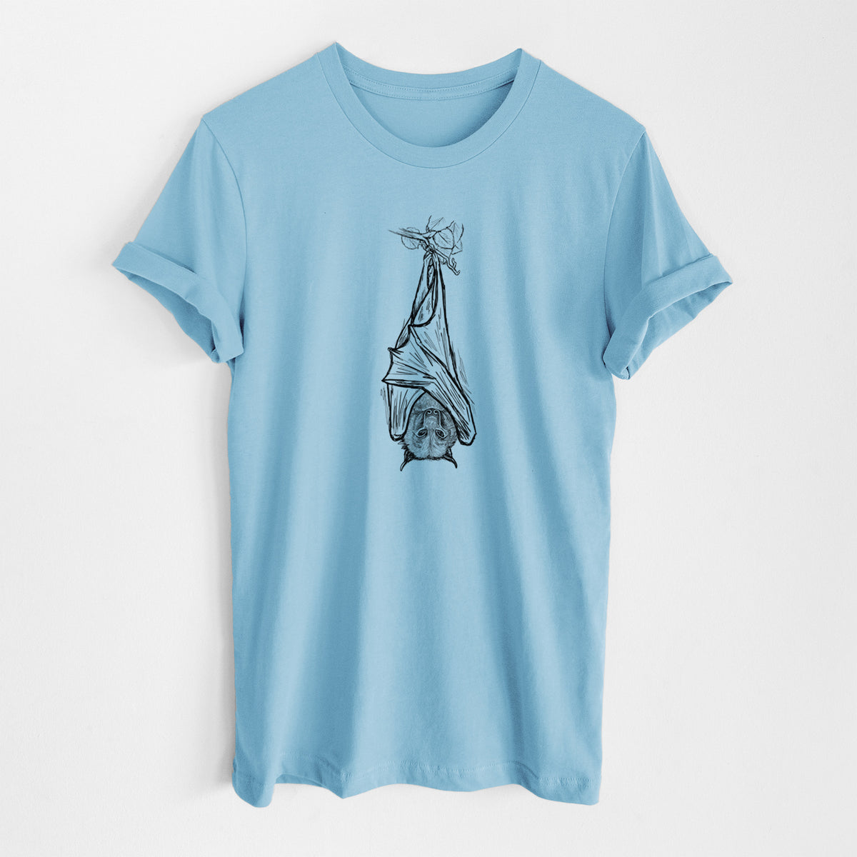 Ocean blue lightweight cotton t-shirt laid flat, printed with a black ink illustration of a large flying fox bat hanging upside down with its wings wrapped around it.