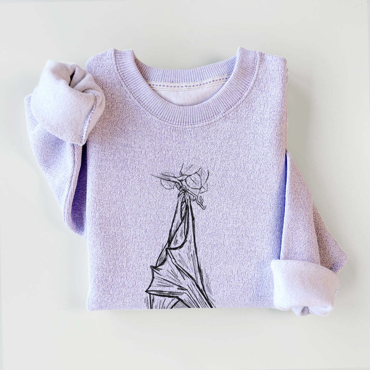 Ice purple knit sweatshirt printed with a black ink illustration of a large flying fox bat hanging upside down with its wings wrapped around it, styled flat.