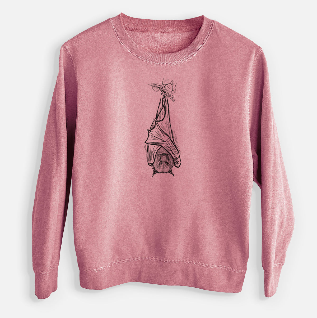Mauve pink youth crewneck sweatshirt laid flat, printed with a black ink illustration of a large flying fox bat hanging upside down with its wings wrapped around it.