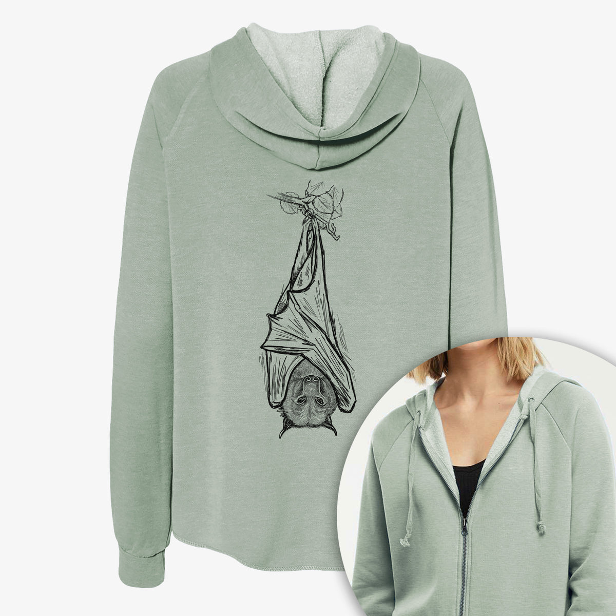 Women's Cali Wave zip-up sweatshirt printed with a black ink illustration of a large flying fox bat hanging upside down with its wings wrapped around it, with a close-up of the zipper.