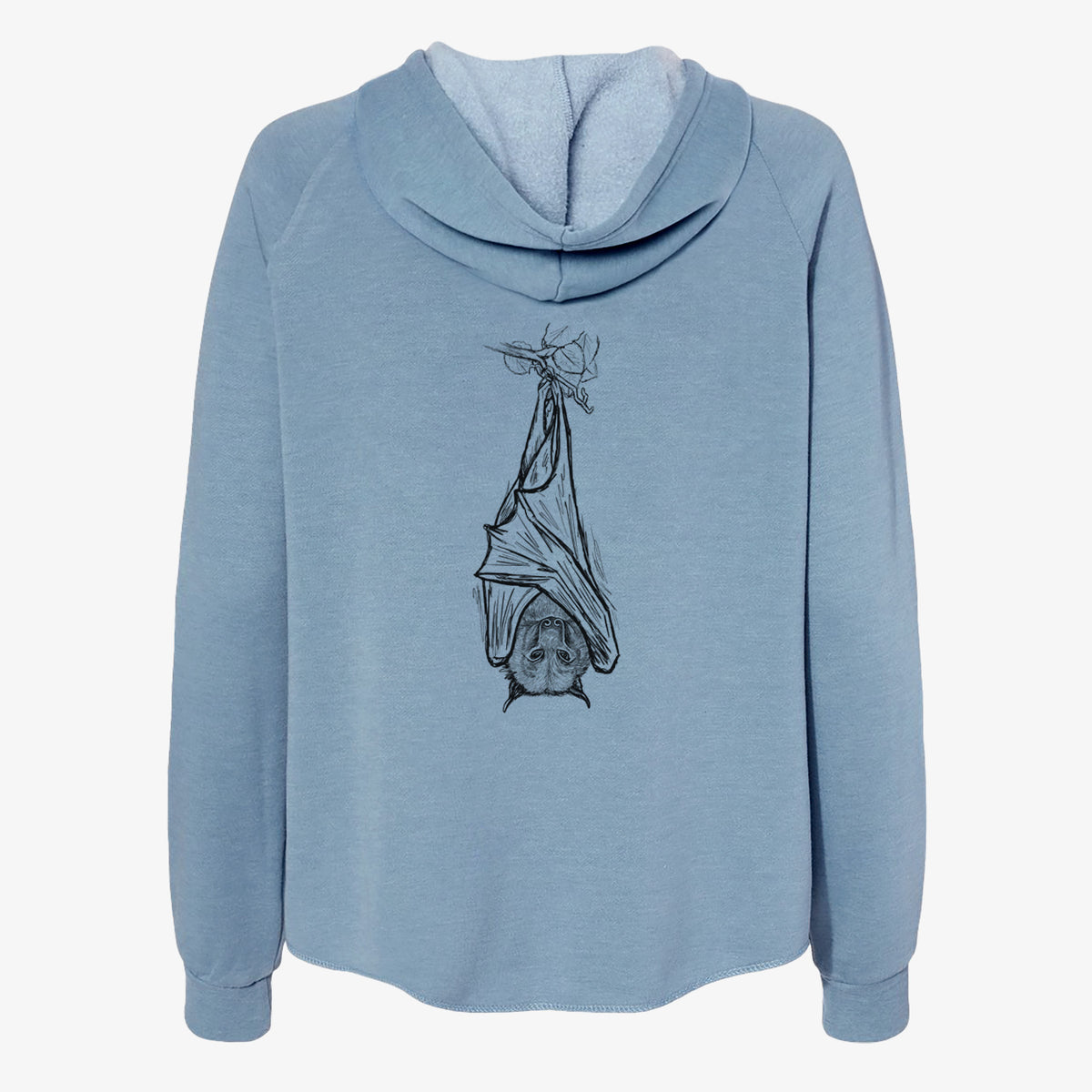 Misty blue women's Cali Wave zip-up sweatshirt laid flat, printed with a black ink illustration of a large flying fox bat hanging upside down with its wings wrapped around it.