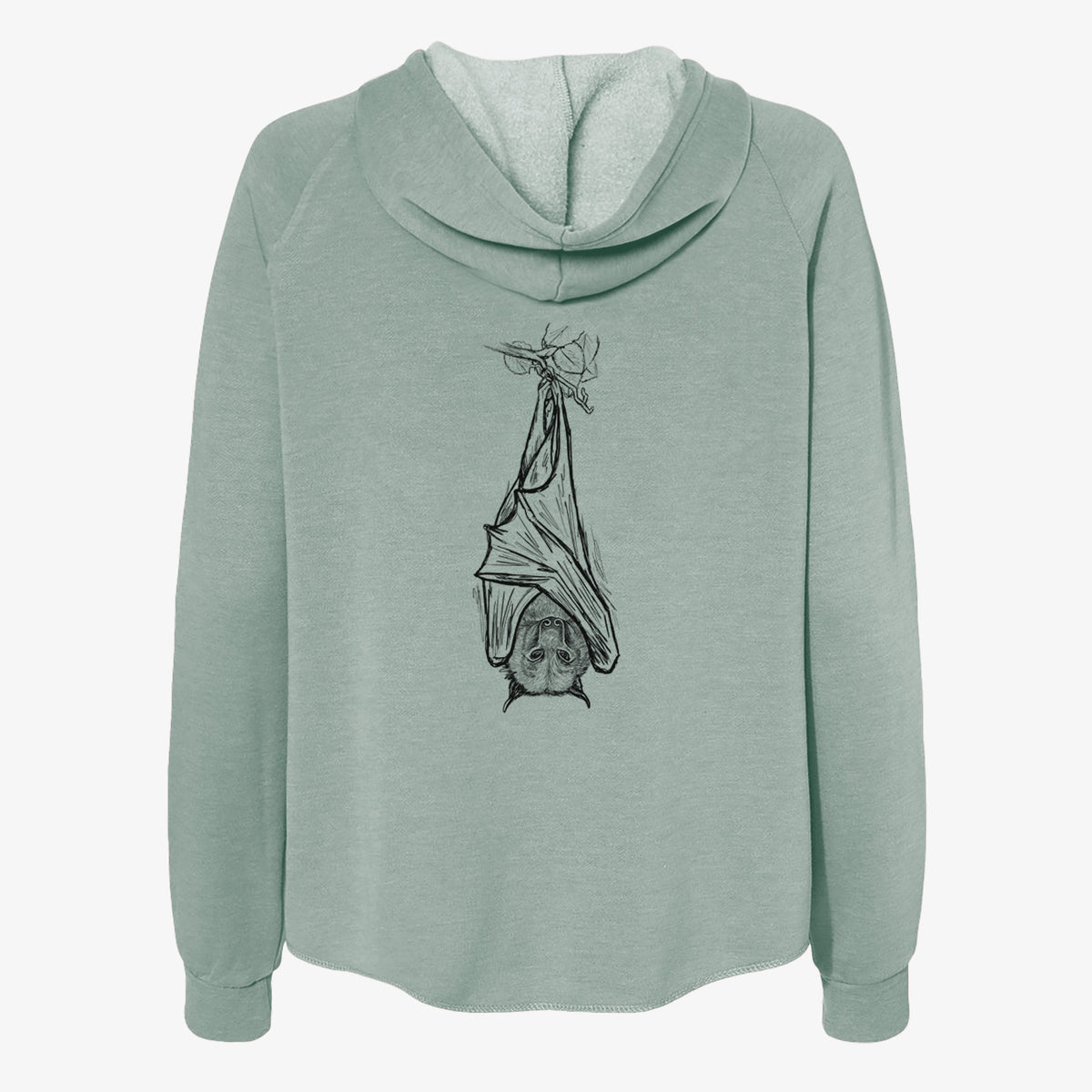 Sage green women's Cali Wave zip-up sweatshirt laid flat, printed with a black ink illustration of a large flying fox bat hanging upside down with its wings wrapped around it.