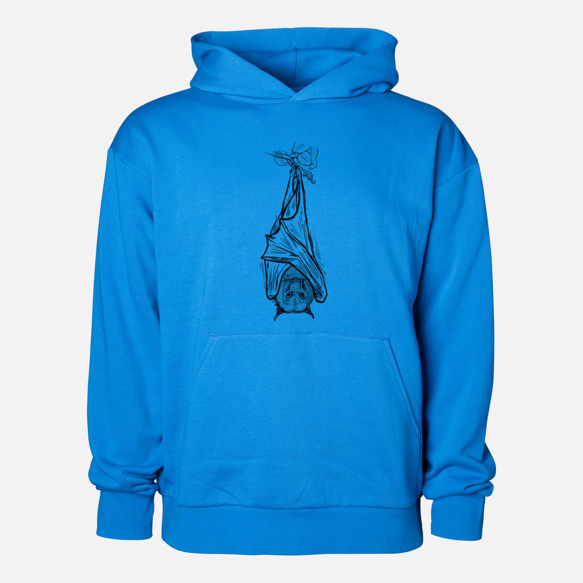 Pteropus vampyrus - Large Flying Fox - Statement Midweight Hoodie in Azure Blue, shown from the front with the design printed on the chest above a front kangaroo pocket.