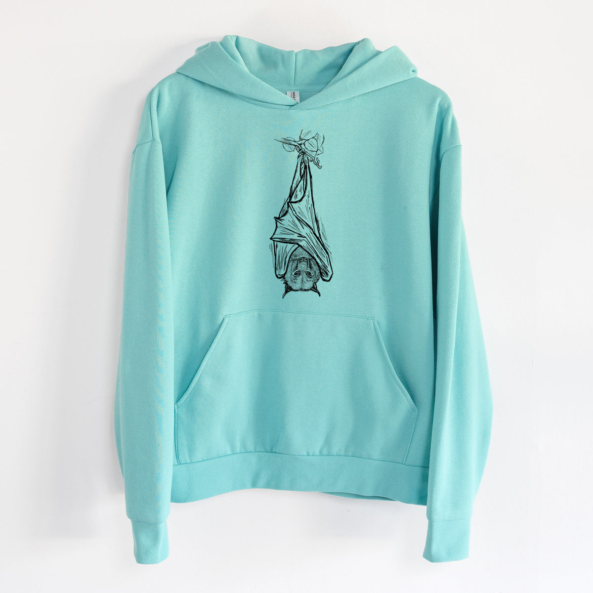 Pteropus vampyrus - Large Flying Fox - Statement Midweight Hoodie in Seafoam, hanging on a white wall, with a front kangaroo pocket and no drawcords.
