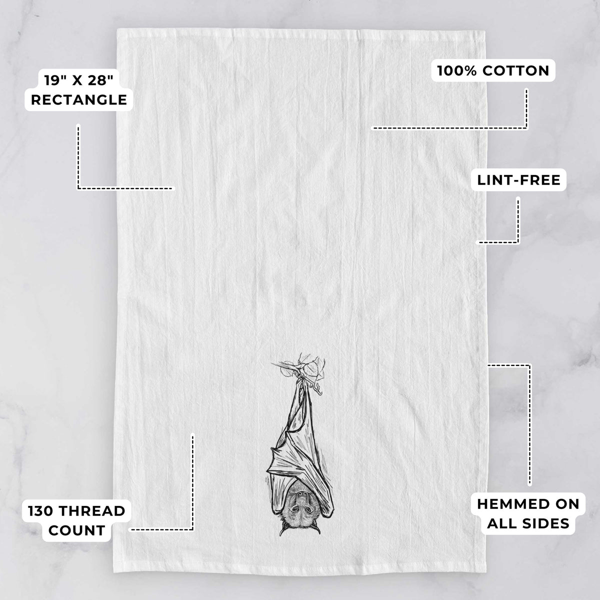 White tea towel printed with a black ink illustration of a large flying fox bat hanging upside down with its wings wrapped around it, with feature labels: 19 by 28 inch rectangle, 100% cotton, lint-free, 130 thread count, hemmed on all sides.