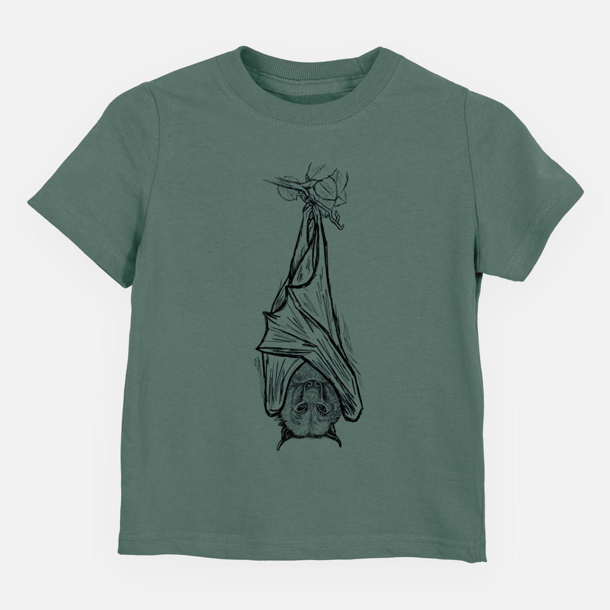 Basil green toddler t-shirt laid flat, printed with a black ink illustration of a large flying fox bat hanging upside down with its wings wrapped around it.