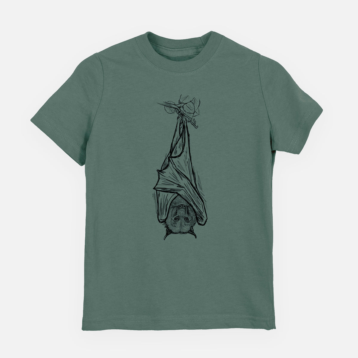 Basil green youth t-shirt laid flat, printed with a black ink illustration of a large flying fox bat hanging upside down with its wings wrapped around it.