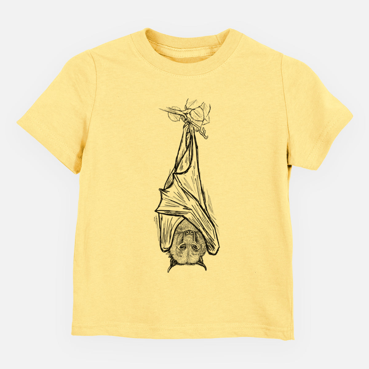 Butter yellow toddler t-shirt laid flat, printed with a black ink illustration of a large flying fox bat hanging upside down with its wings wrapped around it.