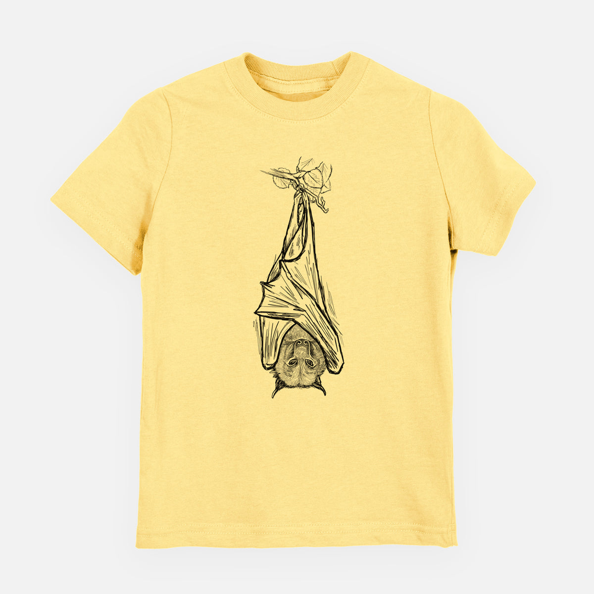 Butter yellow youth t-shirt laid flat, printed with a black ink illustration of a large flying fox bat hanging upside down with its wings wrapped around it.