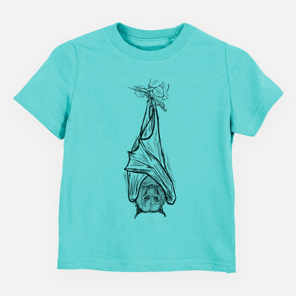Caribbean blue toddler t-shirt laid flat, printed with a black ink illustration of a large flying fox bat hanging upside down with its wings wrapped around it.