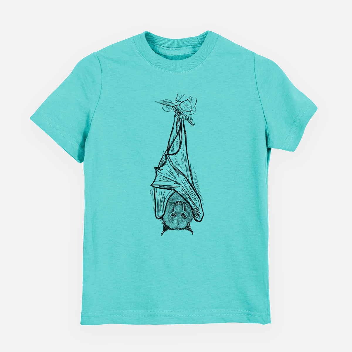 Caribbean blue youth t-shirt laid flat, printed with a black ink illustration of a large flying fox bat hanging upside down with its wings wrapped around it.