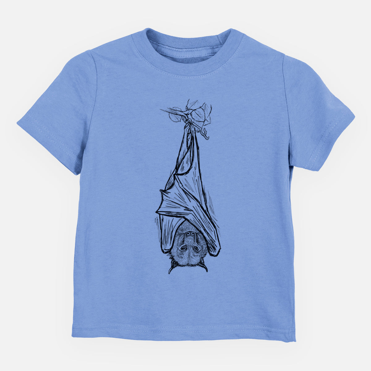 Carolina blue toddler t-shirt laid flat, printed with a black ink illustration of a large flying fox bat hanging upside down with its wings wrapped around it.