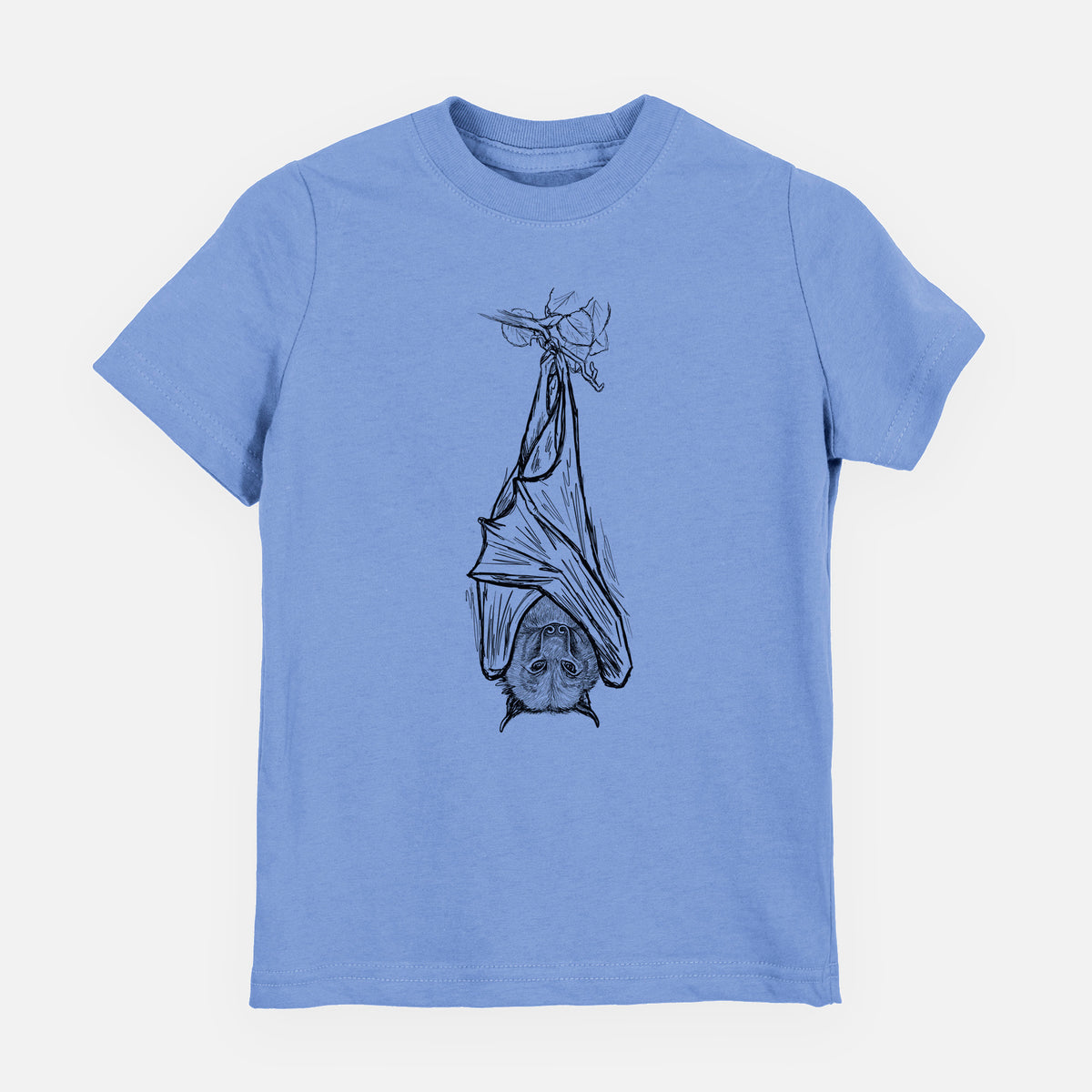 Carolina blue youth t-shirt laid flat, printed with a black ink illustration of a large flying fox bat hanging upside down with its wings wrapped around it.