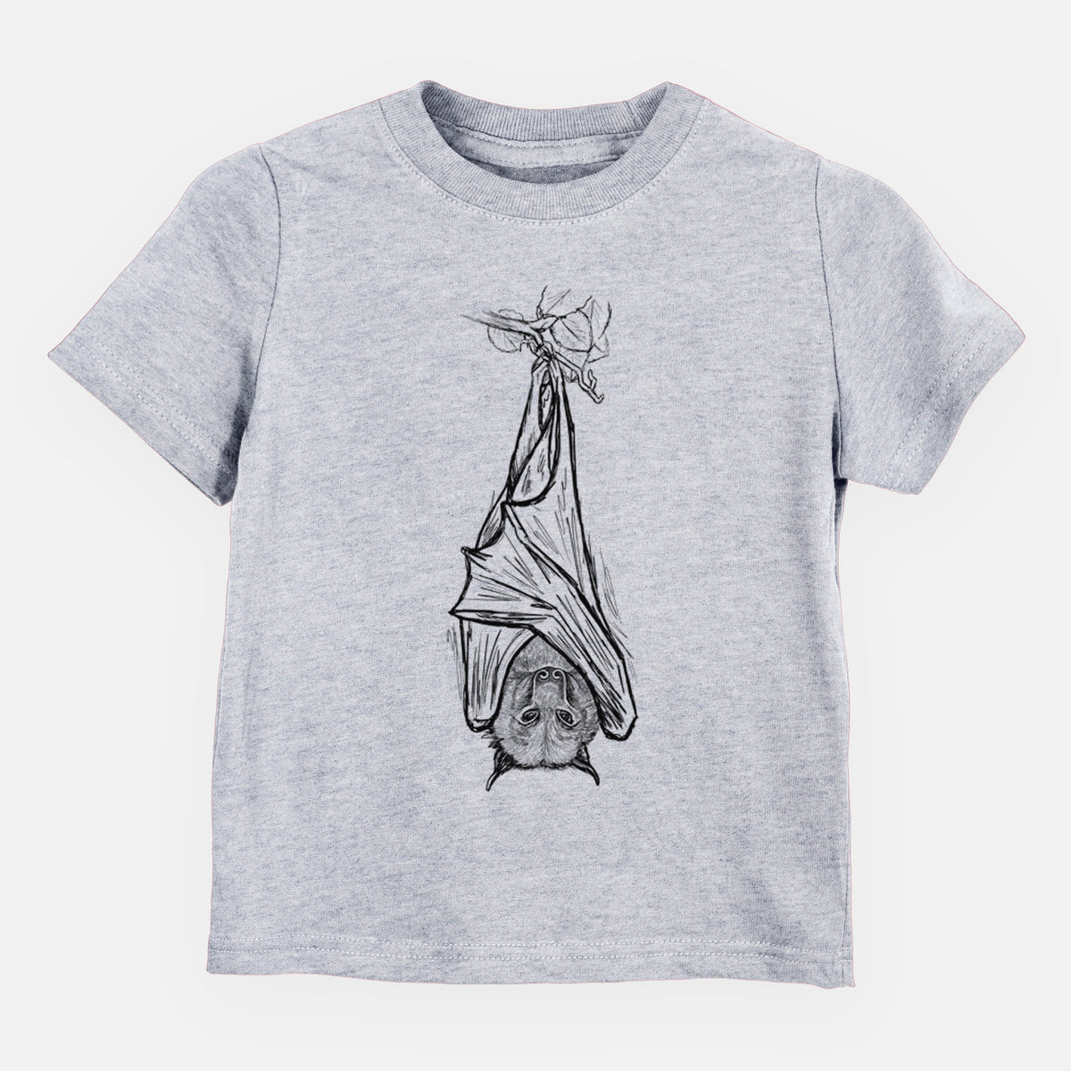 Heather grey toddler t-shirt laid flat, printed with a black ink illustration of a large flying fox bat hanging upside down with its wings wrapped around it.