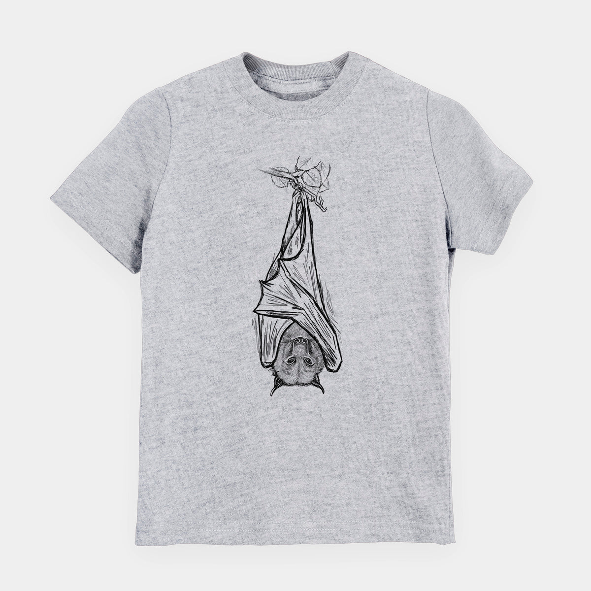 Heather grey youth t-shirt laid flat, printed with a black ink illustration of a large flying fox bat hanging upside down with its wings wrapped around it.