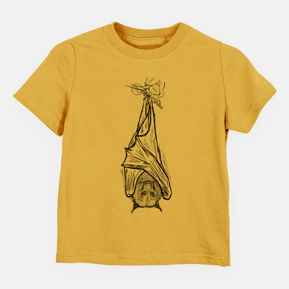 Honeycomb yellow toddler t-shirt laid flat, printed with a black ink illustration of a large flying fox bat hanging upside down with its wings wrapped around it.